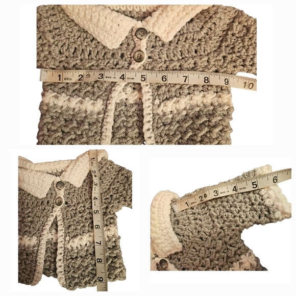 Hand Crafted Baby Sweater Hand Knit Crochet White Gray Botties Pom pom Hat 3-set - Picture 13 of 17